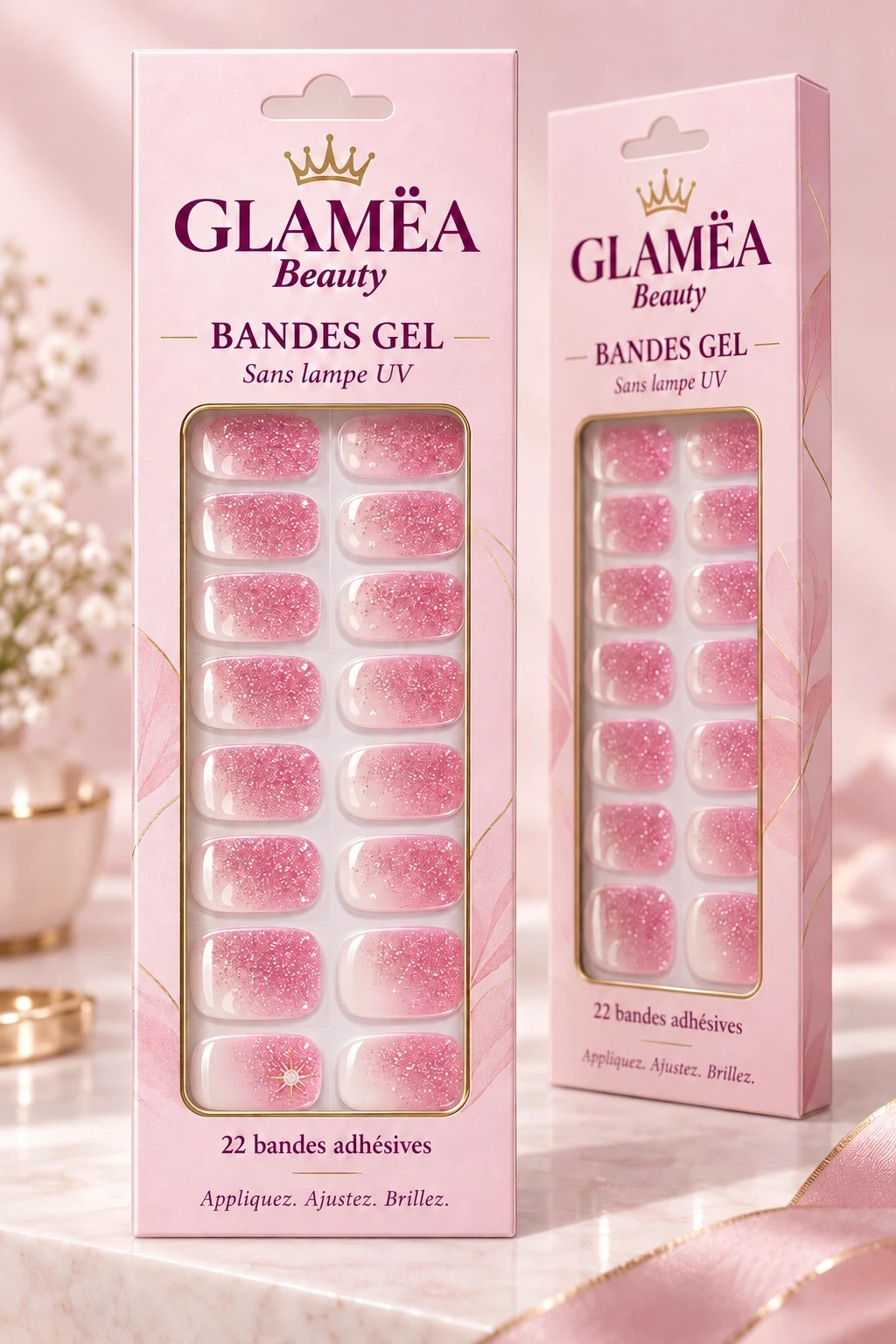 Présentation de la boîte rose GLAMËA Beauty pour les bandes gel, avec notre couronne dorée et une fenêtre transparente