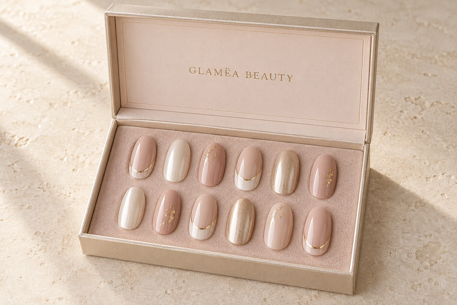 Des capsules nacrées et des détails de French manucure dans un coffret GLAMËA champagne ouvert.
